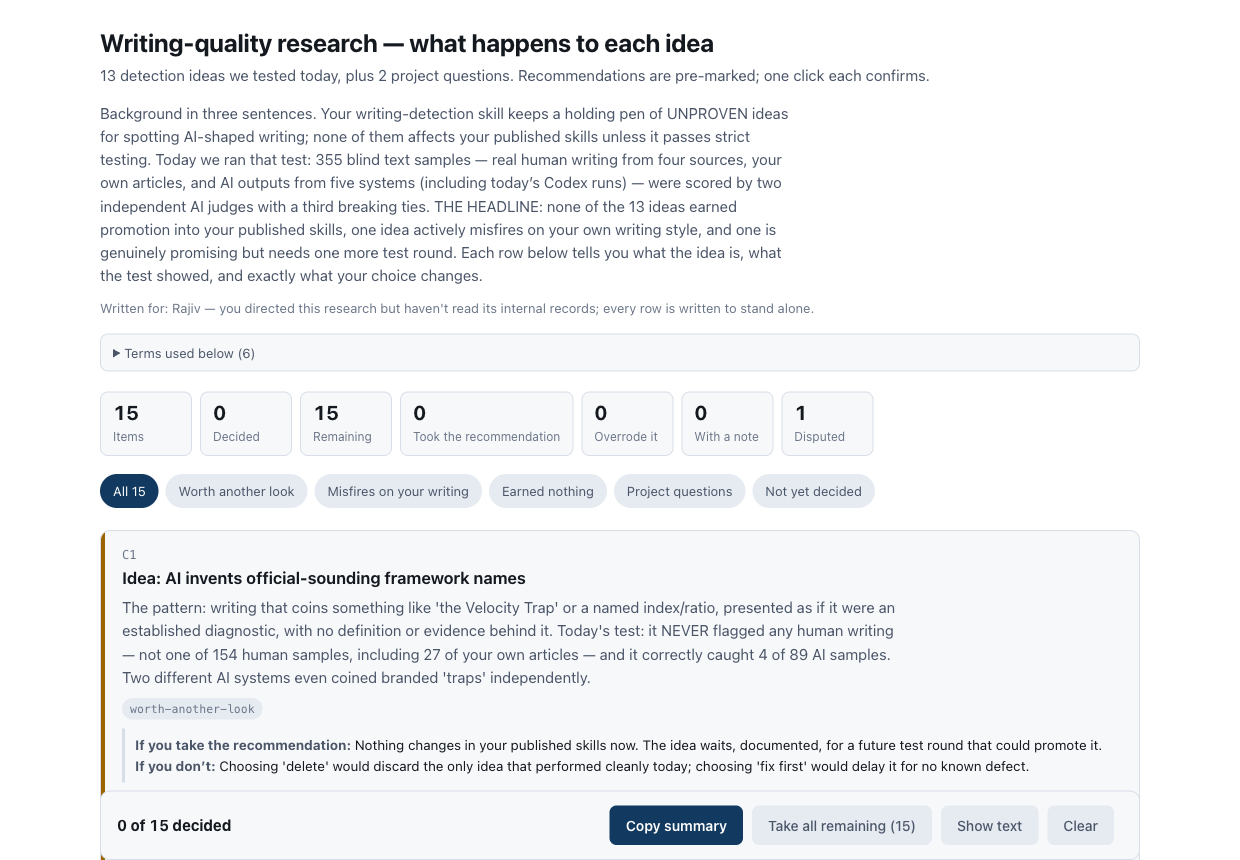 The real close-out packet: a background section in plain sentences, the
audience line “Written for: Rajiv,” a glossary band, and the first research
row with its test results and the impact of taking or declining the
recommendation